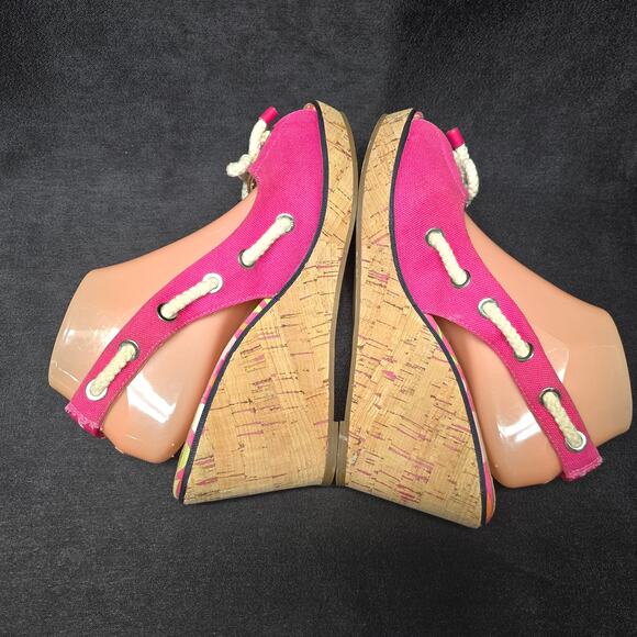 Sperry Top Sider Pink Slingback Rope Bow Wedge Heels Peep Toe Shoes Sandals - Picture 3 of 10